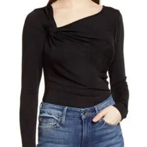 Good American Black Asymmetrical Ruched Blouse size 5 2XL